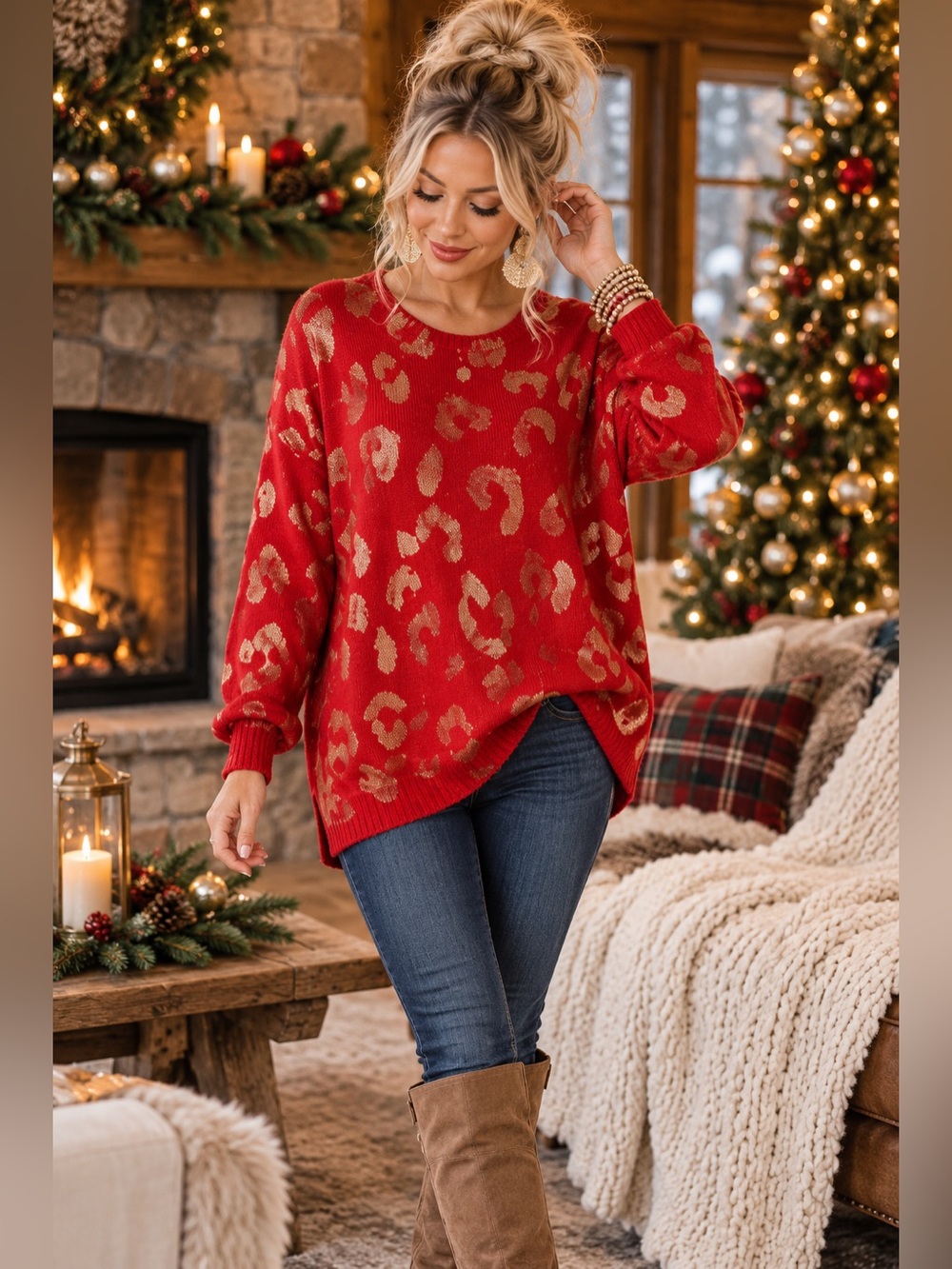 Jodifl Red Metallic Gold Leopard Oversized Sweater Size M Holiday
